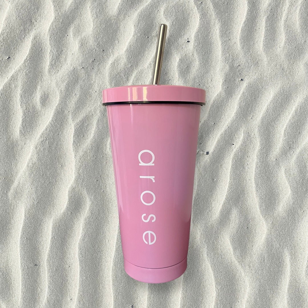 Pink tumbler, stainless steel straw, beach water bottle, eco friendly