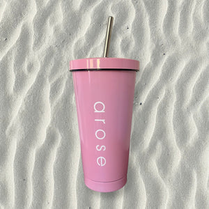 Pink tumbler, stainless steel straw, beach water bottle, eco friendly